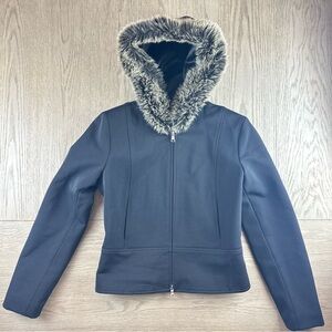 Women’s Small Wool Blend Hooded Jacket Faux Fur Trim Quilted Lined Black Coat